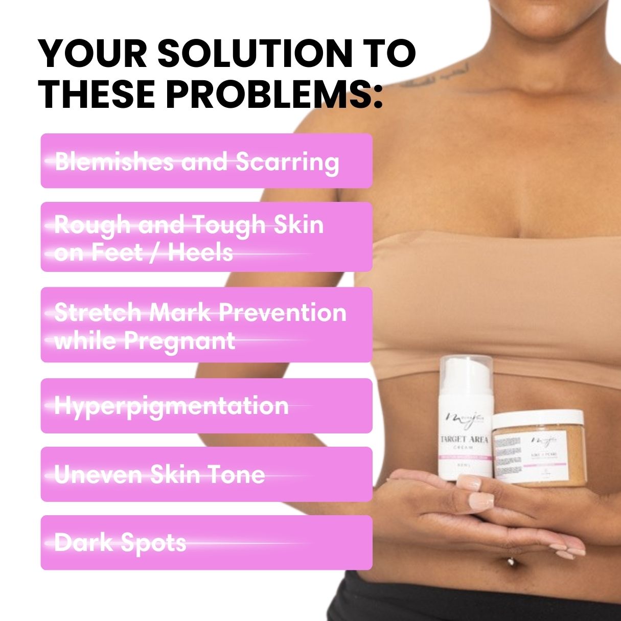 Woman holding skincare products with text about skin issues like blemishes and hyperpigmentation.