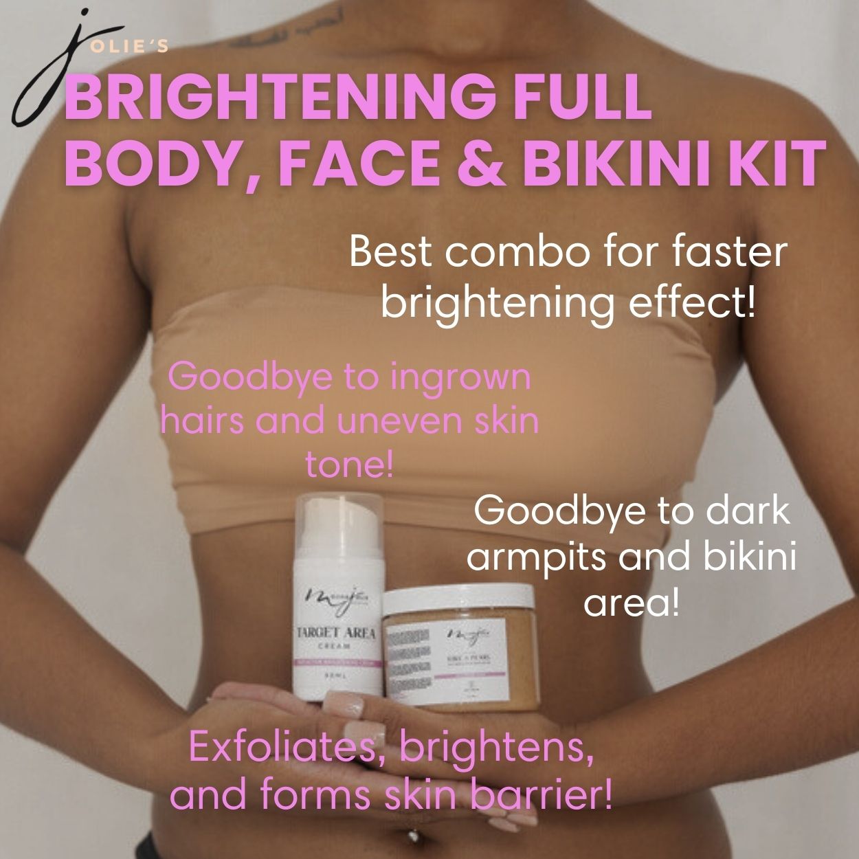 Person holding skincare products with text about a brightening kit.