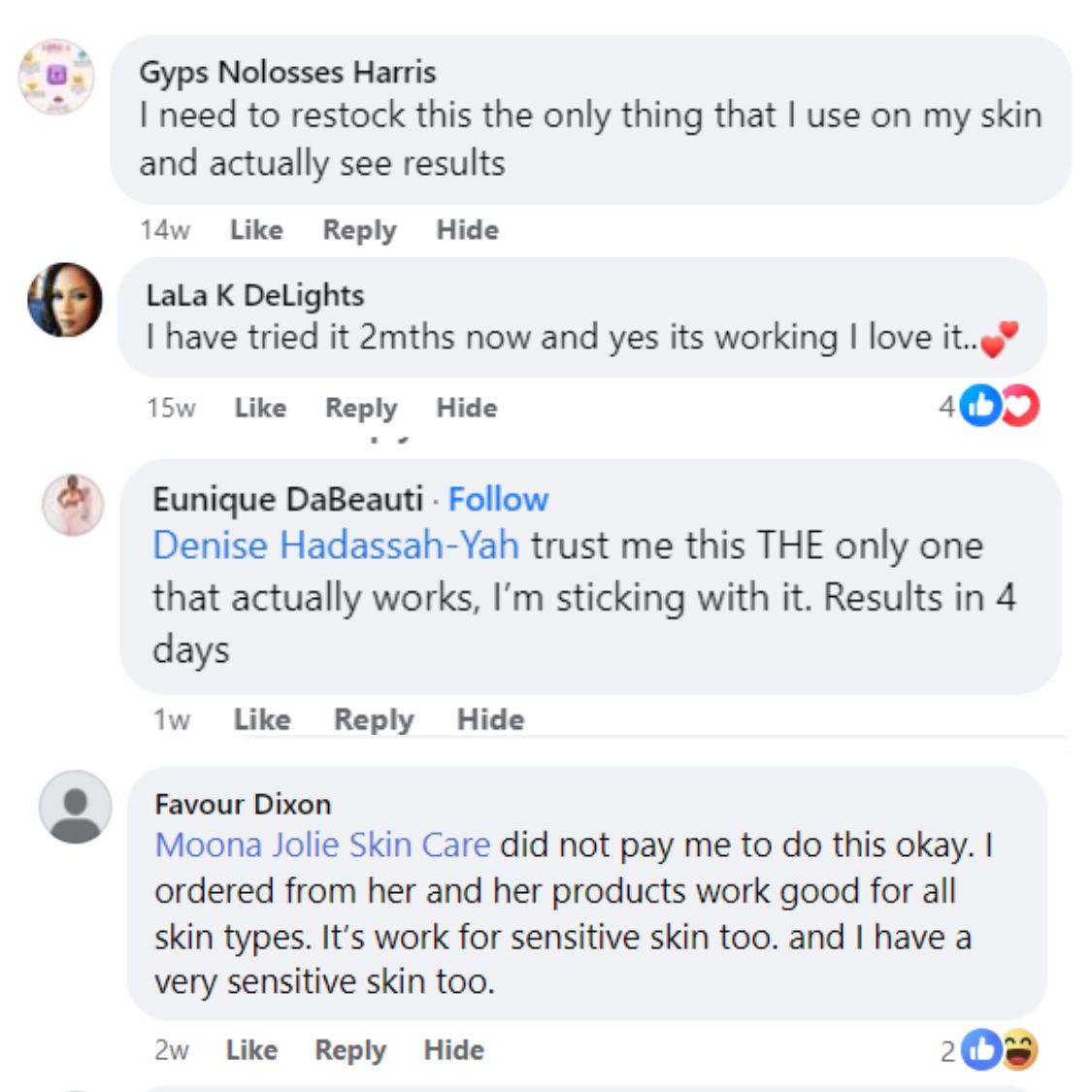 Collage of skin improvement photos and a positive product review with a five-star rating.