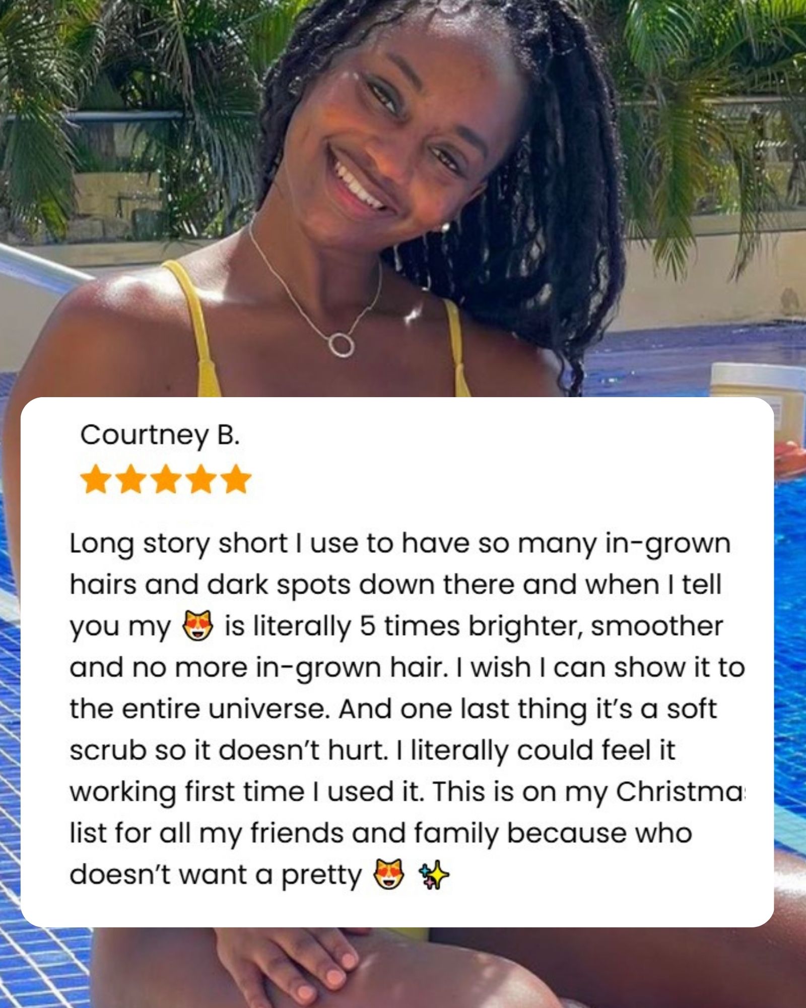 Smiling person in a yellow swimsuit by a pool, with a product review overlay.