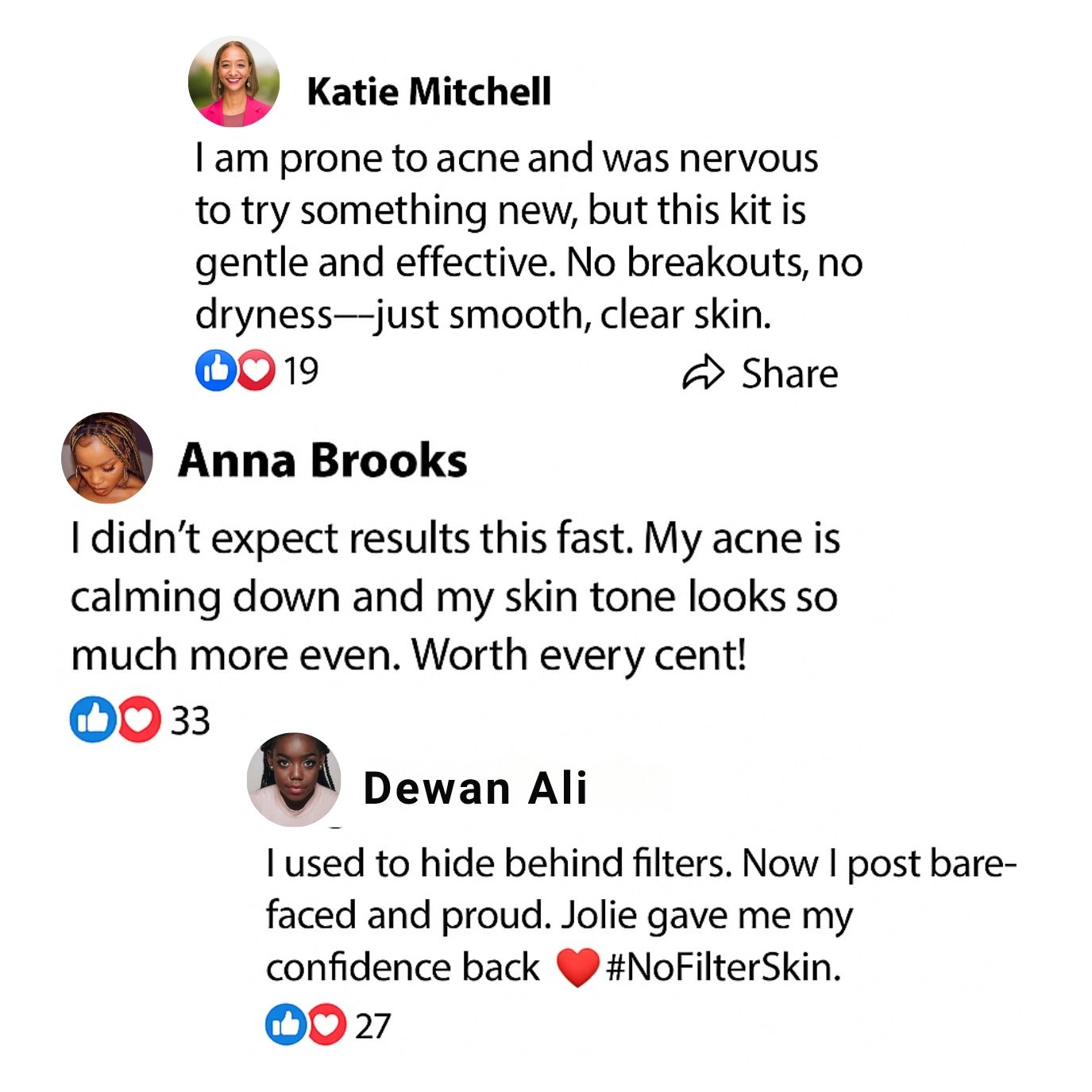 Three social media comments praising a skincare product, with likes and share icons.
