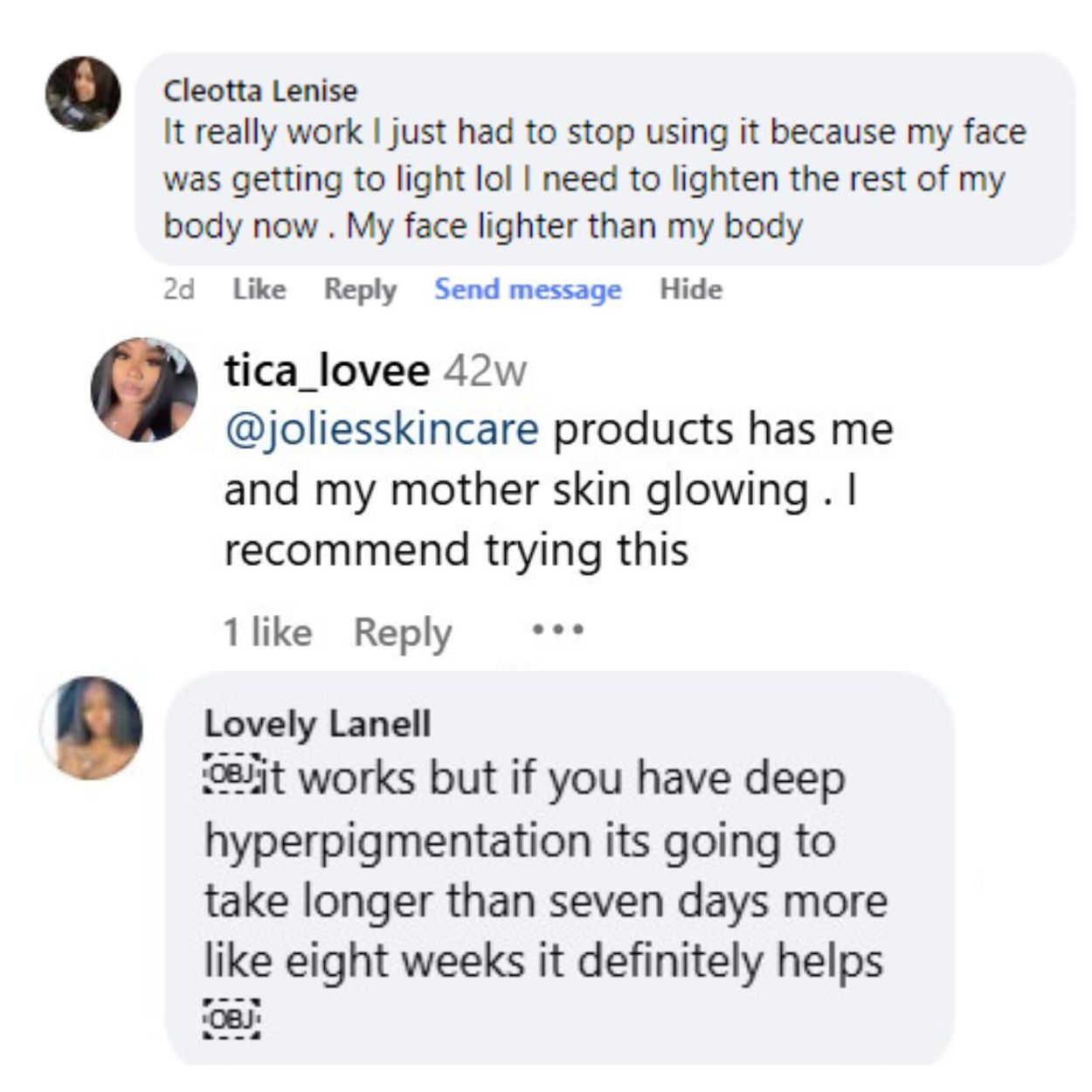 Screenshot of three social media comments about skincare products.