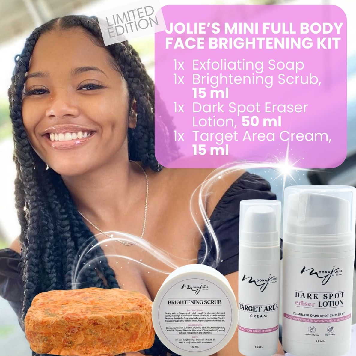Smiling woman with skincare products and text about a face brightening kit.