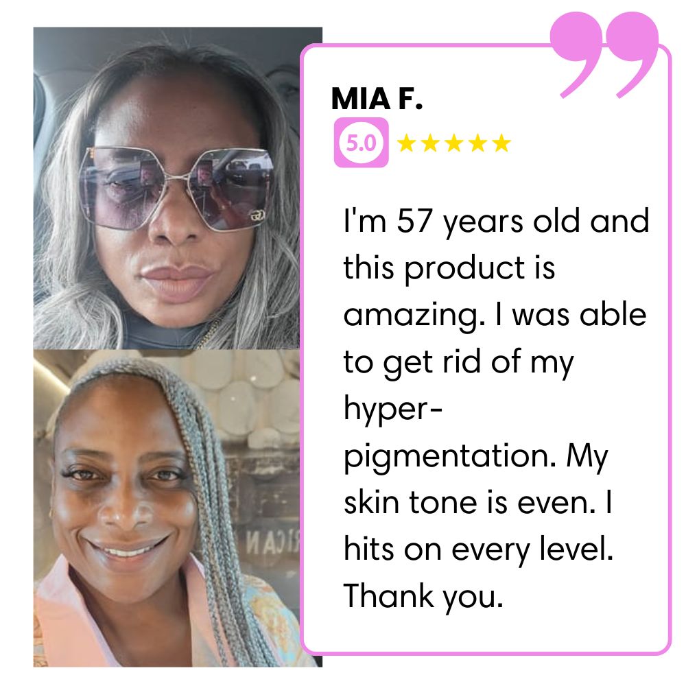 Two photos of a woman with a testimonial about skincare.