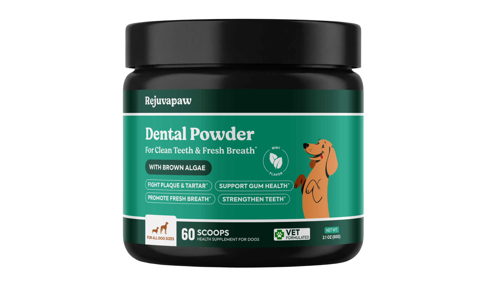 A black jar of Rejuvapaw Dental Powder for dogs, with a green label and a cartoon dog.