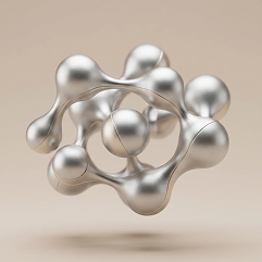 A 3D rendering of an abstract silver molecule-like structure on a light brown background.
