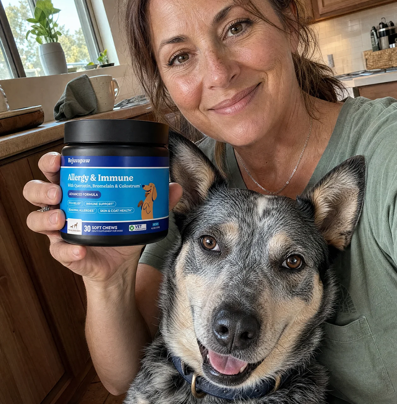 A smiling woman holds a jar of Rejuvapaw Allergy & Immune supplements while sitting with her dog.