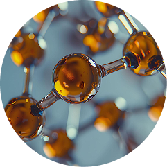 A close-up, stylized rendering of a molecular structure with amber-colored glass spheres and connecting rods.