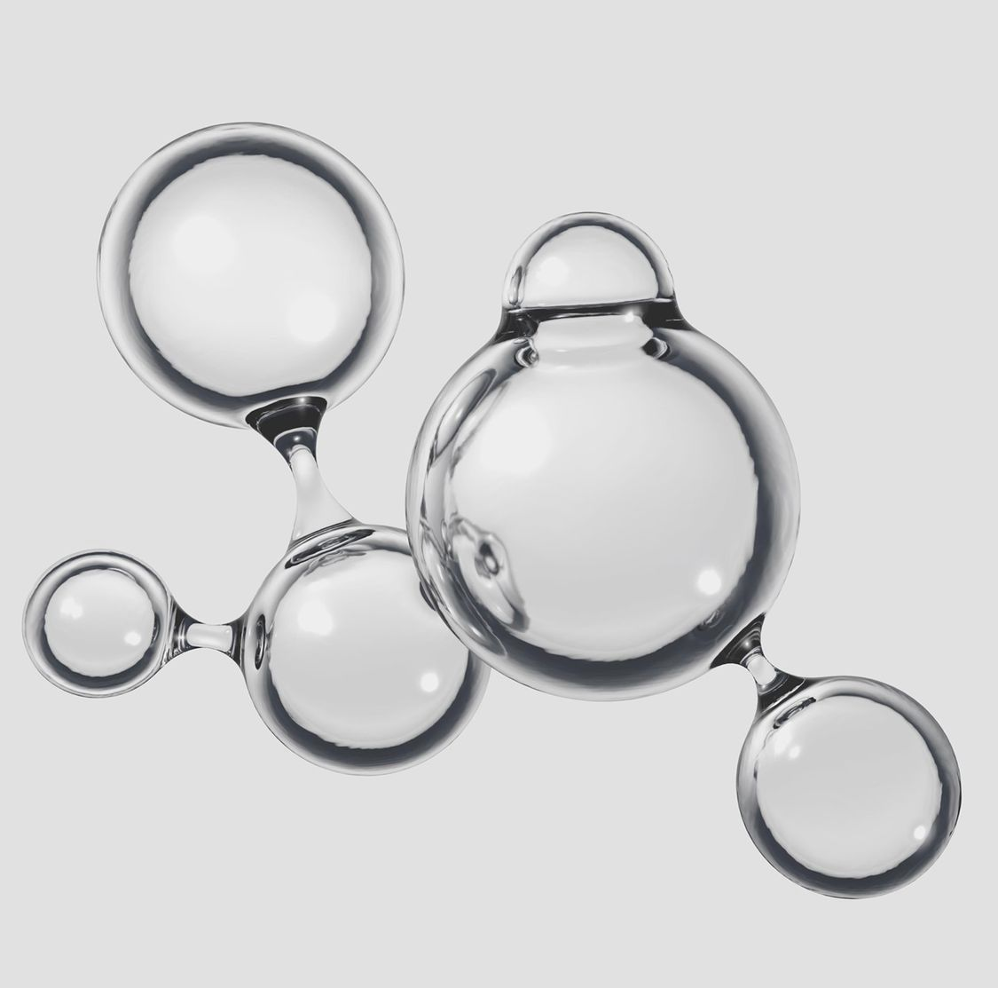 A 3D rendering of a transparent molecular structure made of connected spheres against a light gray background.
