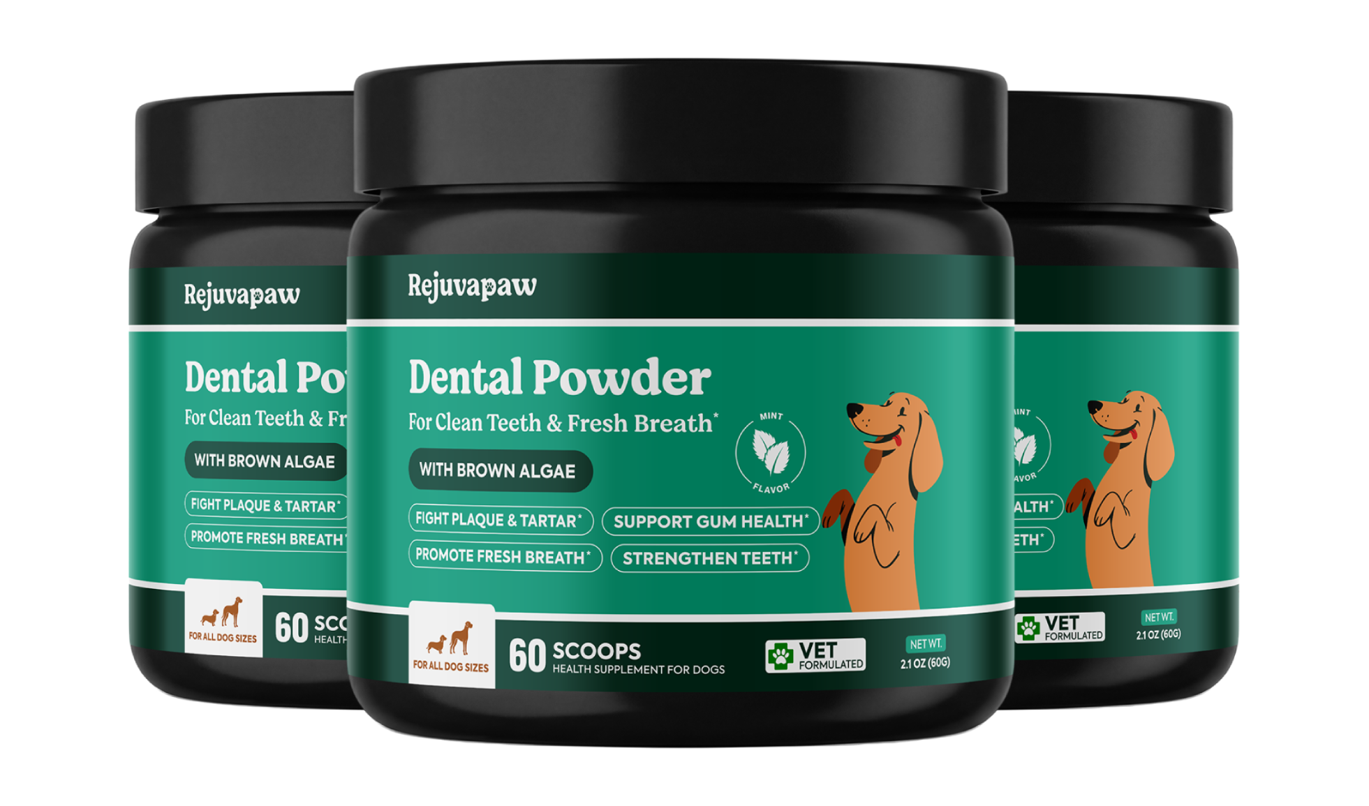 Three jars of Rejuvapaw Dental Powder for dogs, featuring a dachshund illustration and mint flavor.