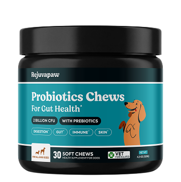A black jar of Rejuvapaw Probiotics Chews for dogs, with a cartoon dog on the label.