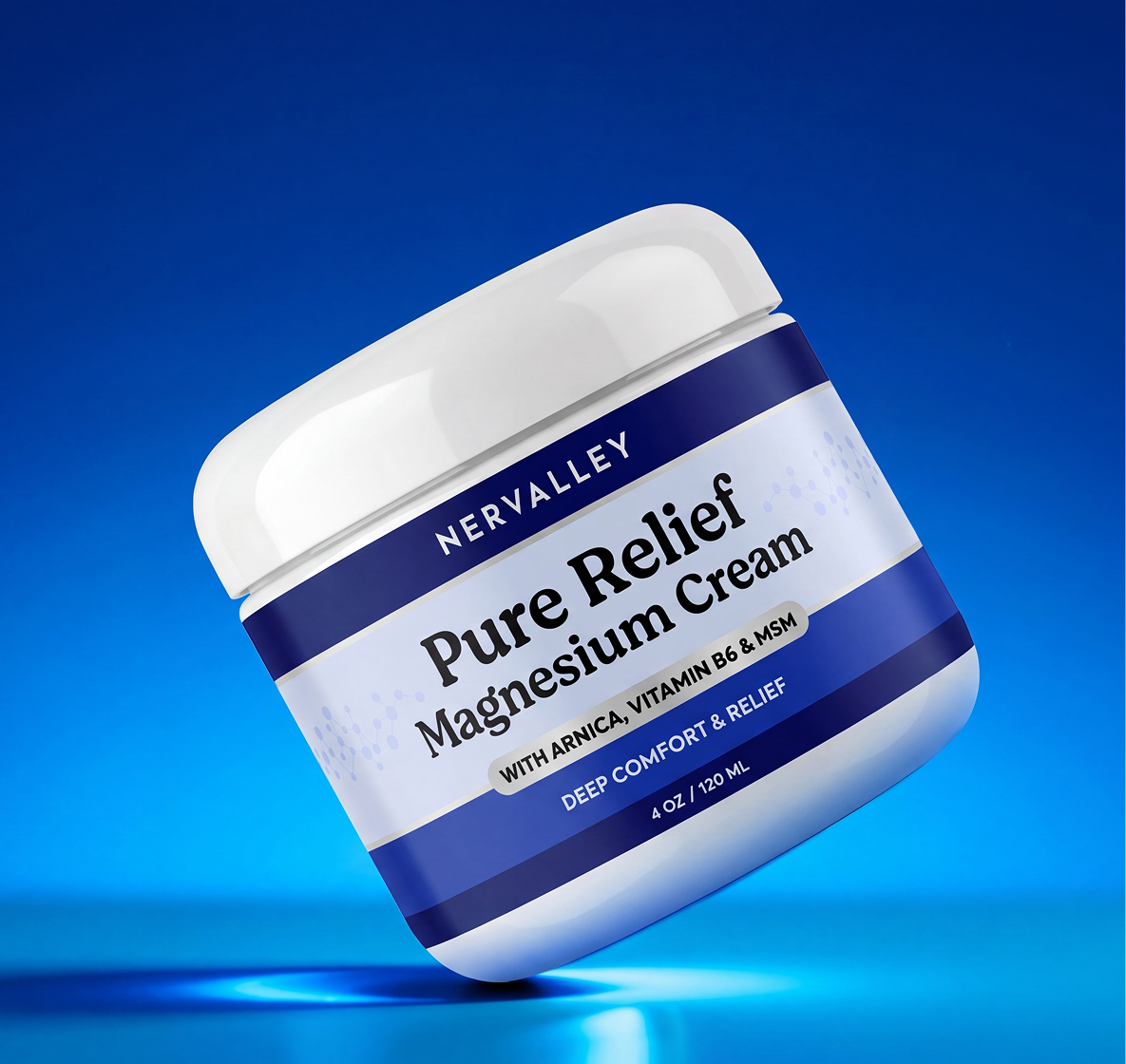A white jar of Nervalley Pure Relief Magnesium Cream tilted against a blue background.