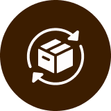 A white icon of a box with circular arrows around it on a brown circular background.