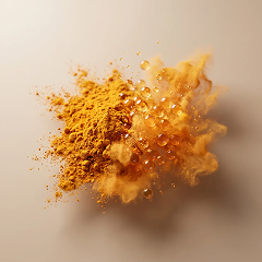 An explosion of yellow powder and amber-colored liquid droplets against a neutral beige background.
