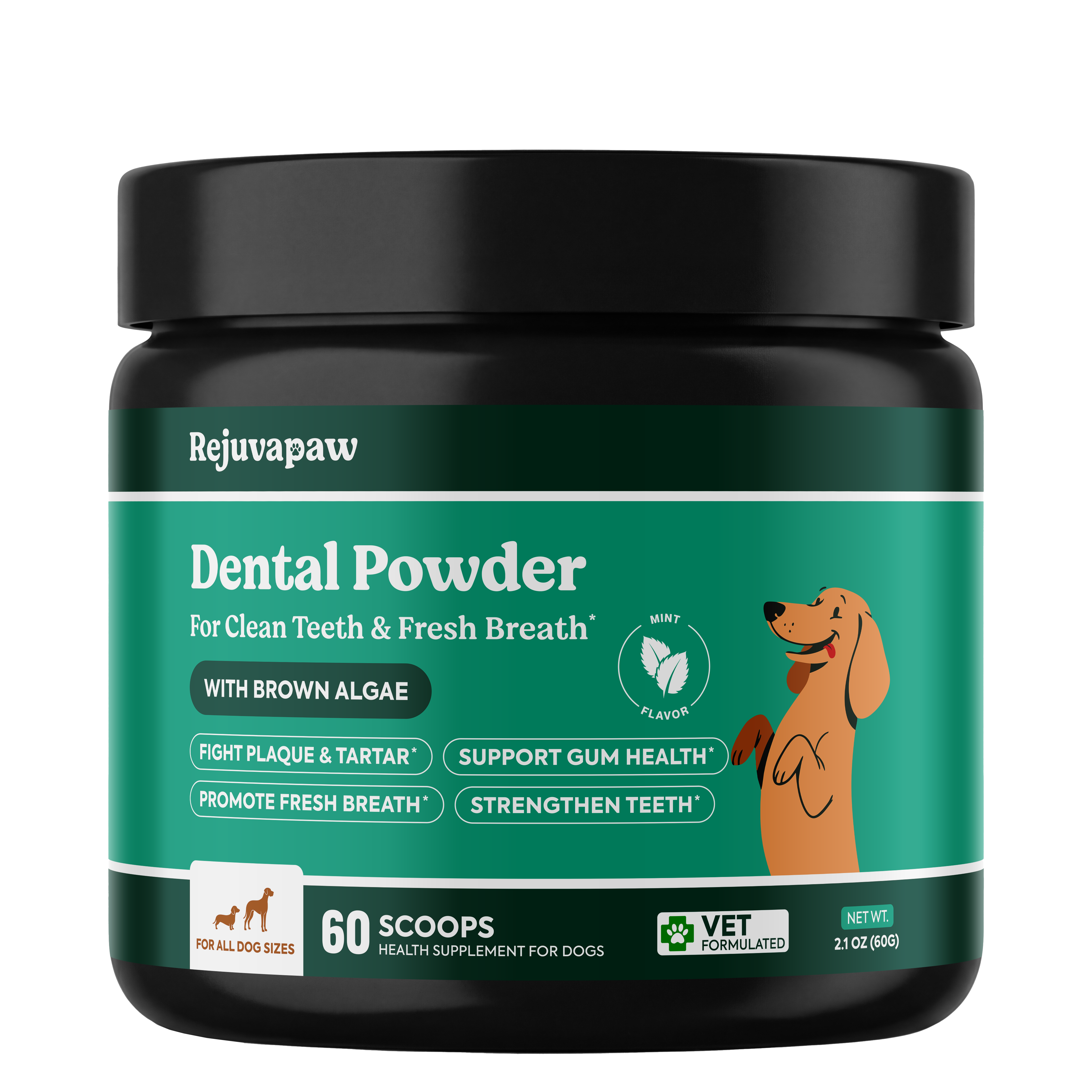 A jar of Rejuvapaw Dental Powder, a health supplement for dogs, on a white background.