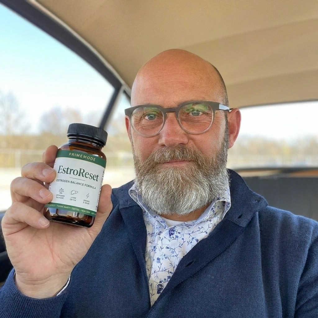 A bald man with a beard and glasses holds a bottle of Primemode EstroReset supplements inside a car.