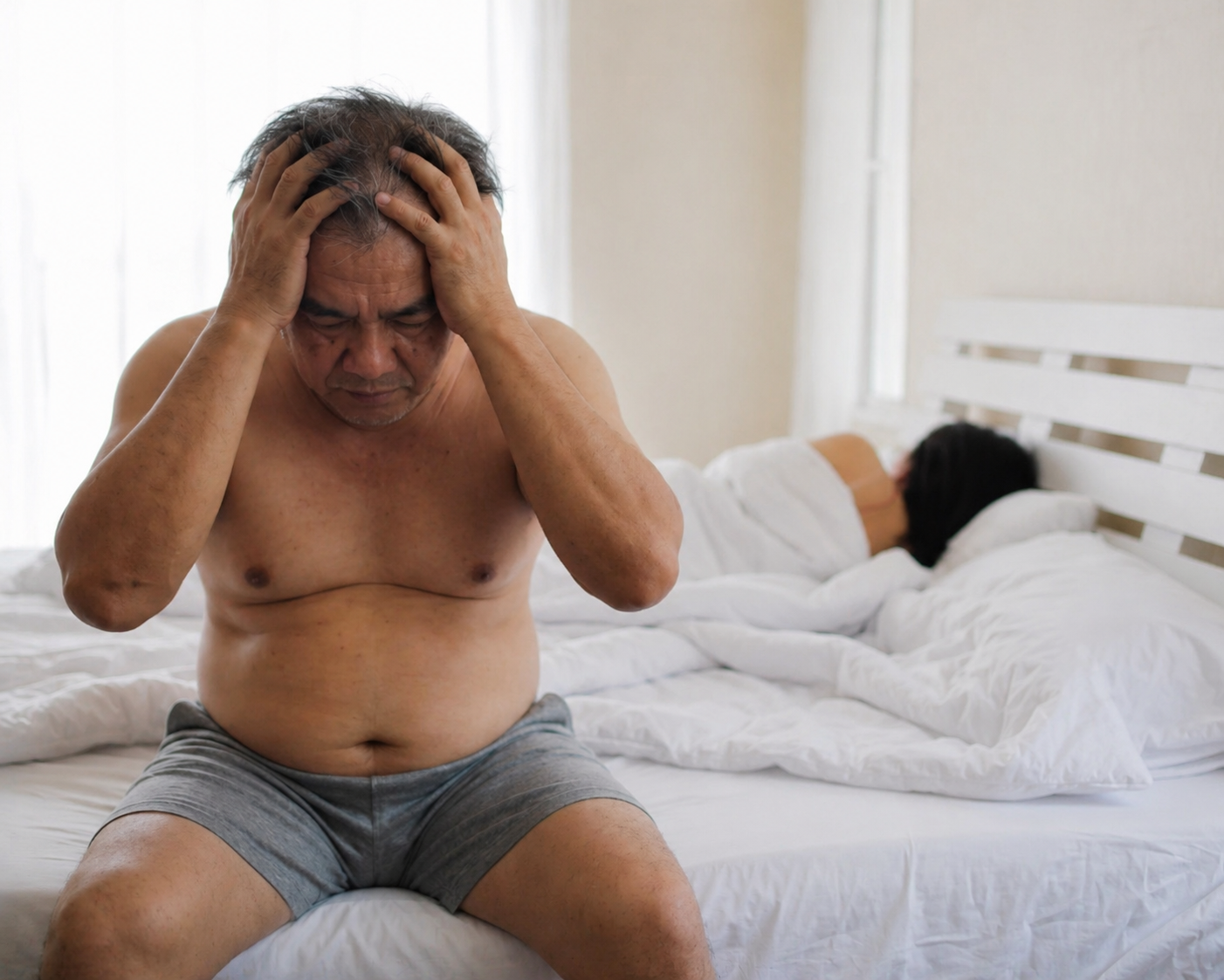 A shirtless man sits on the edge of a bed, holding his head in his hands in distress.