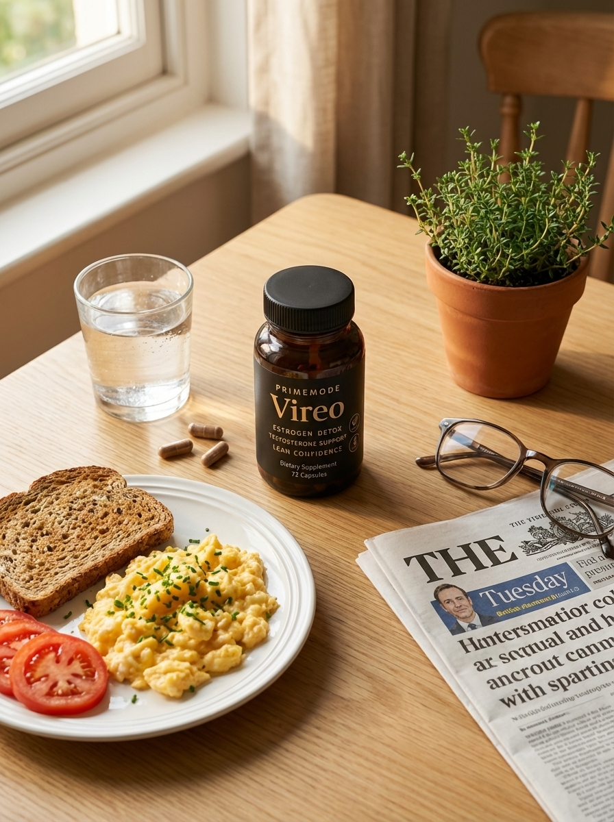 Breakfast with scrambled eggs, toast, supplements, a newspaper, and a potted plant on a table.