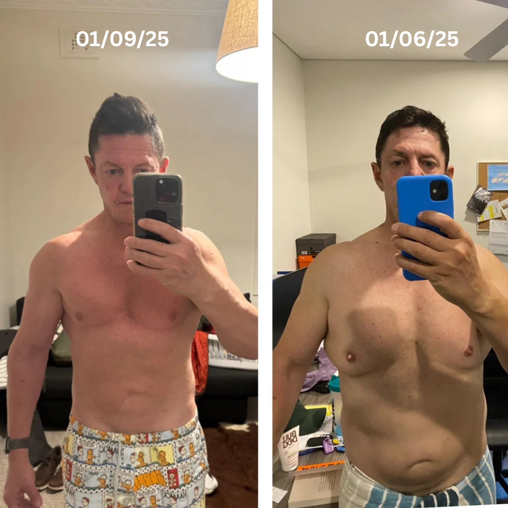 Two shirtless men taking mirror selfies in a room with dates labeled above.