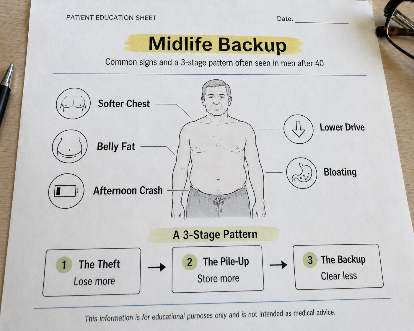 A patient education sheet titled 'Midlife Backup' with an illustration of a man and listed symptoms.