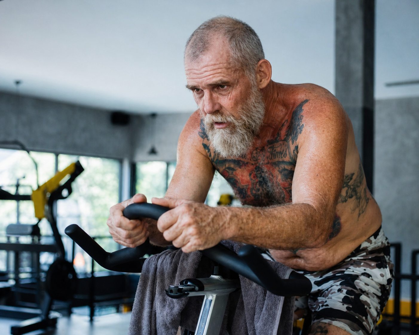 A shirtless older man with a grey beard and tattoos intensely rides a stationary bike in a gym.