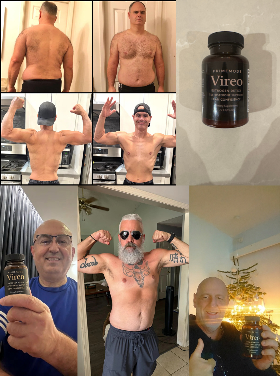 Collage of men posing shirtless and a bottle labeled 'Vireo' dietary supplement.