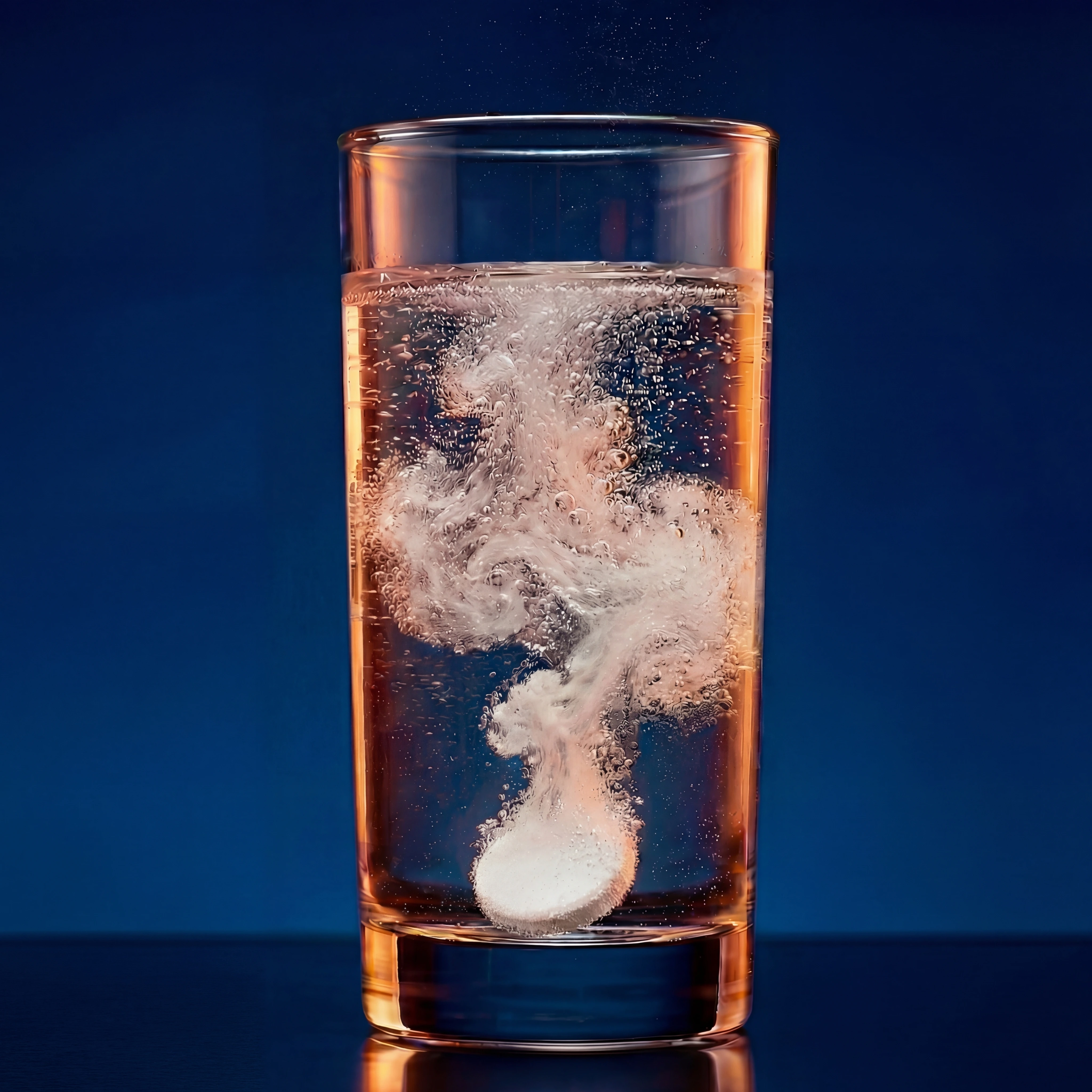 An effervescent tablet dissolves in a glass of water against a dark blue background, creating white fizz.