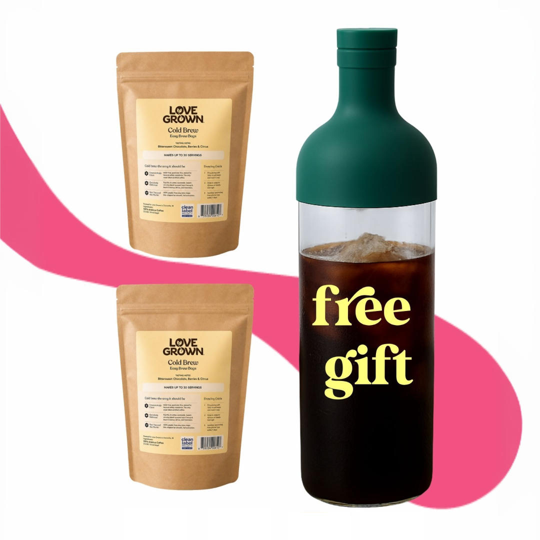 Two bags of Love Grown Cold Brew coffee next to a bottle of iced coffee labeled 'free gift'.