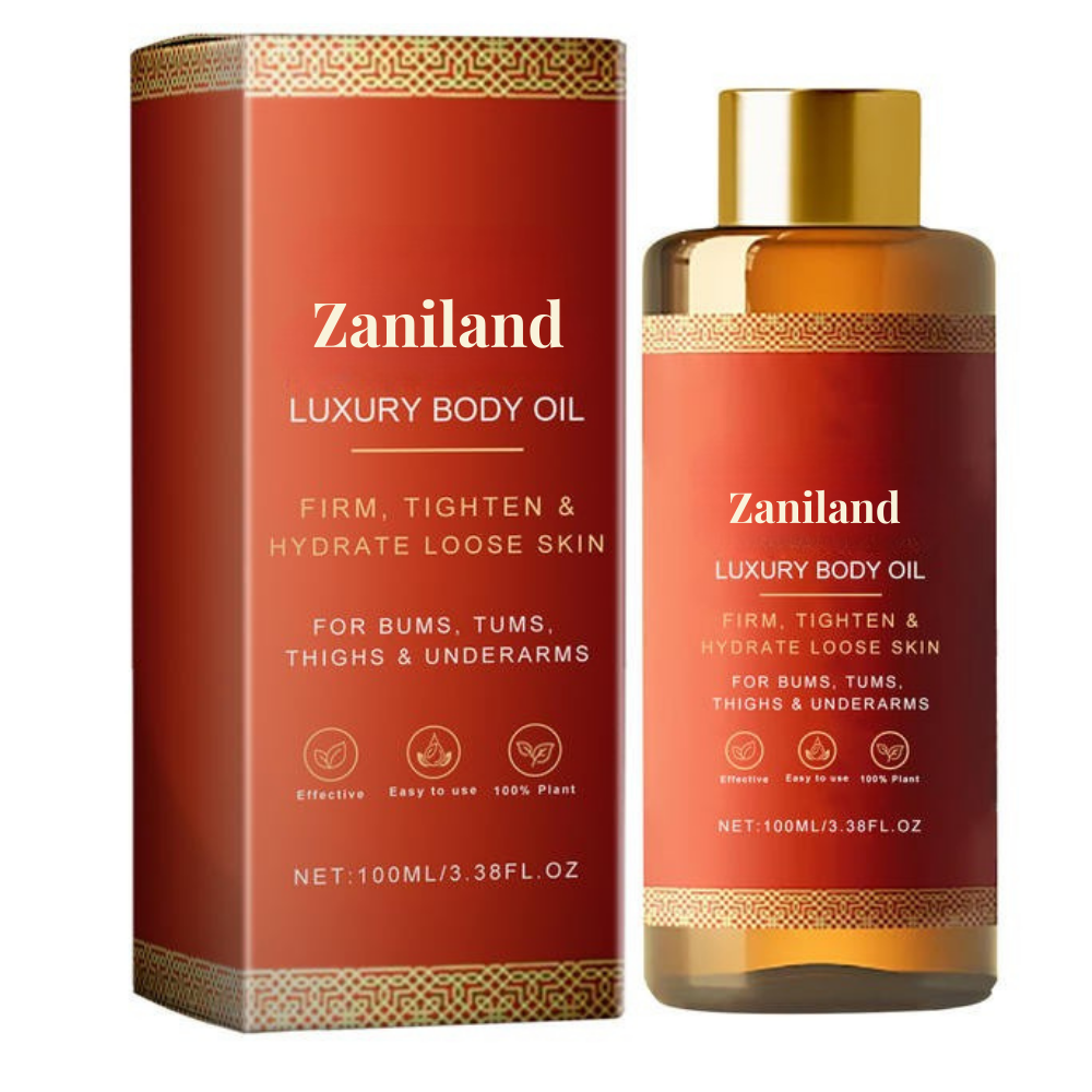 A bottle and box of Zaniland Luxury Body Oil with product details.