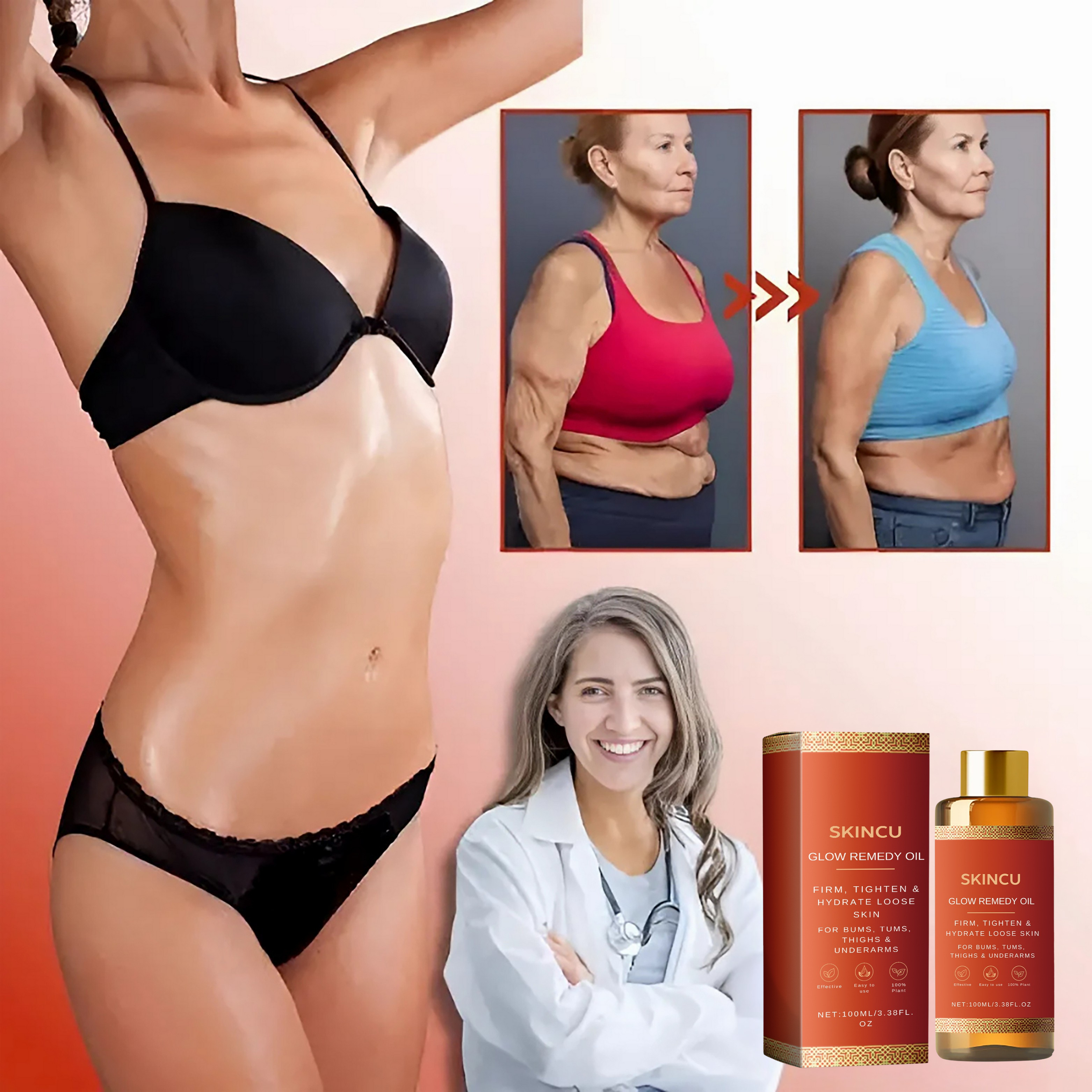 Before and after weight loss photos, a doctor, and skincare product packaging.
