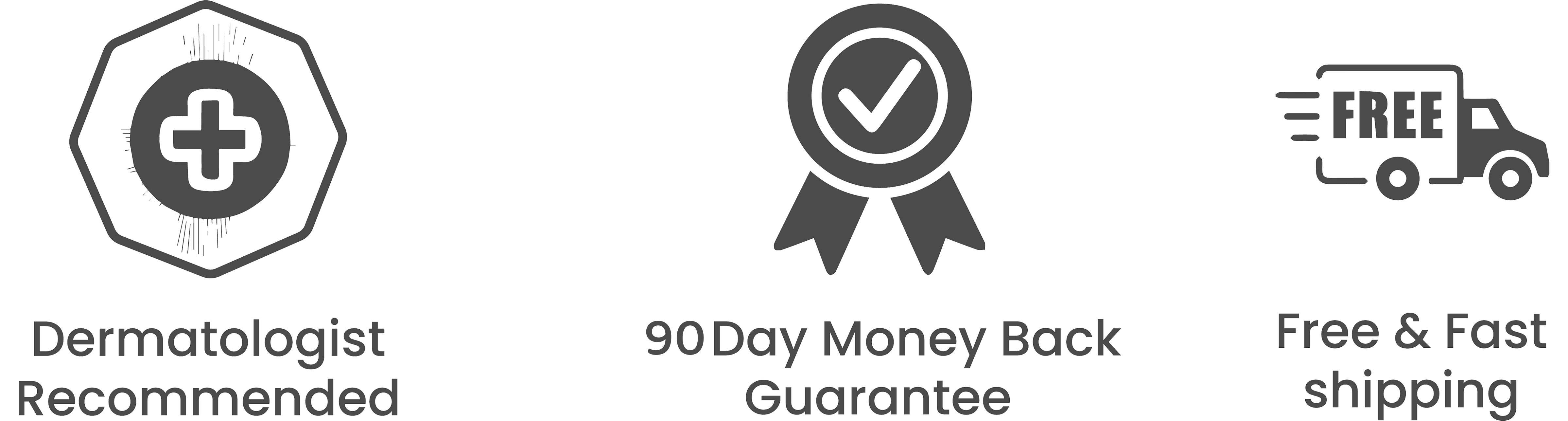 Icons: dermatologist approval, 90-day money-back guarantee, free shipping.