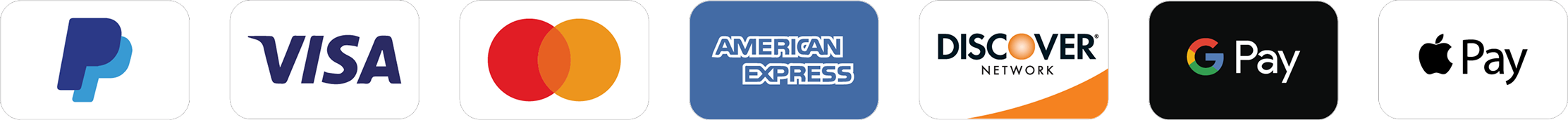 Logos of PayPal, Visa, Mastercard, American Express, Discover, Google Pay, and Apple Pay.