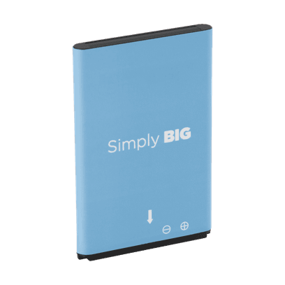 Blue battery with 'Simply BIG' text and polarity symbols.