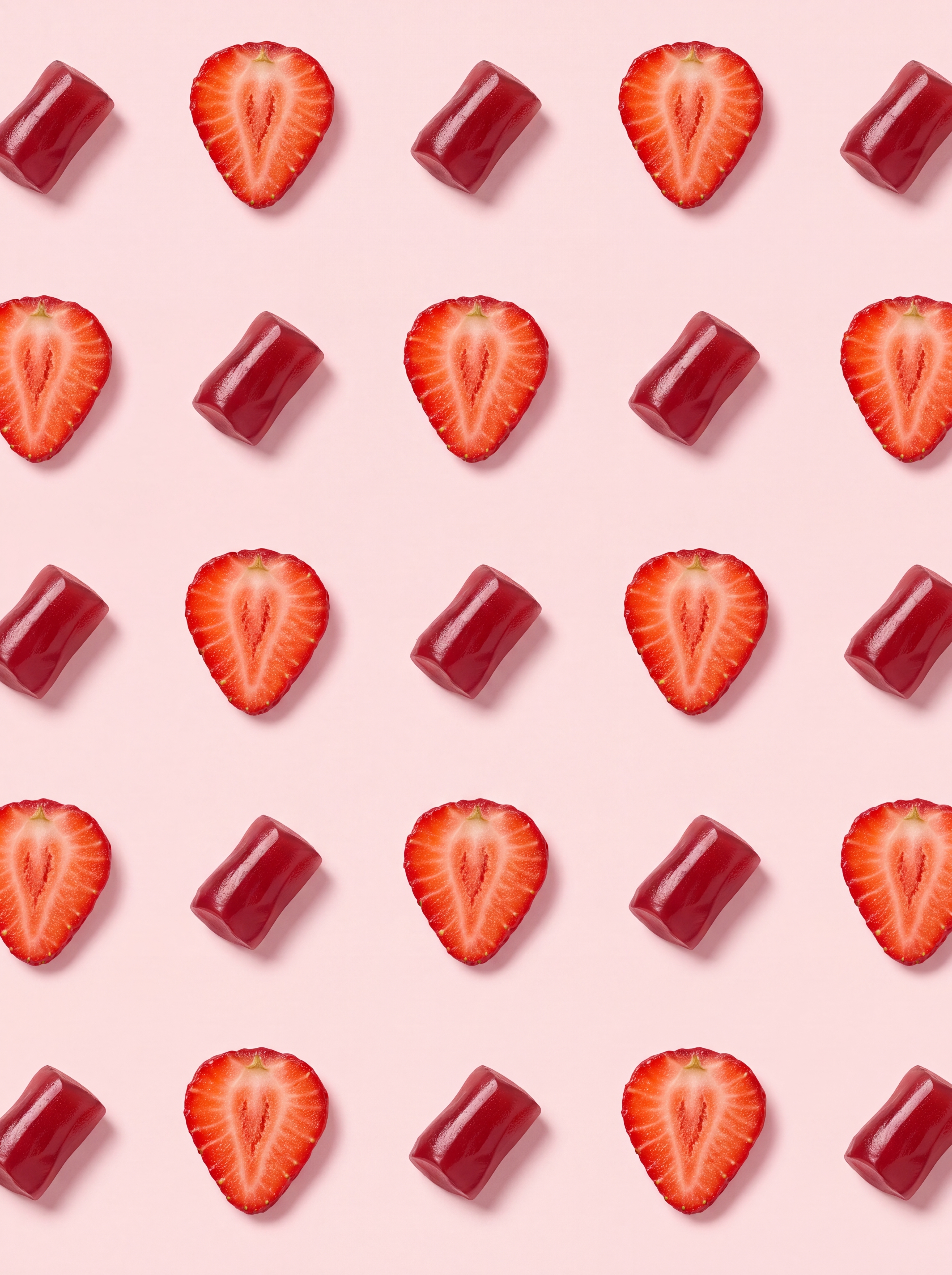 A pattern of sliced strawberries and red candies arranged diagonally on a pink background.