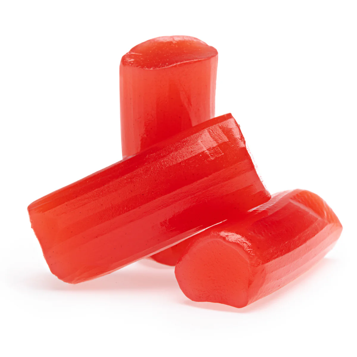 Three pieces of red, shiny candy stacked together.