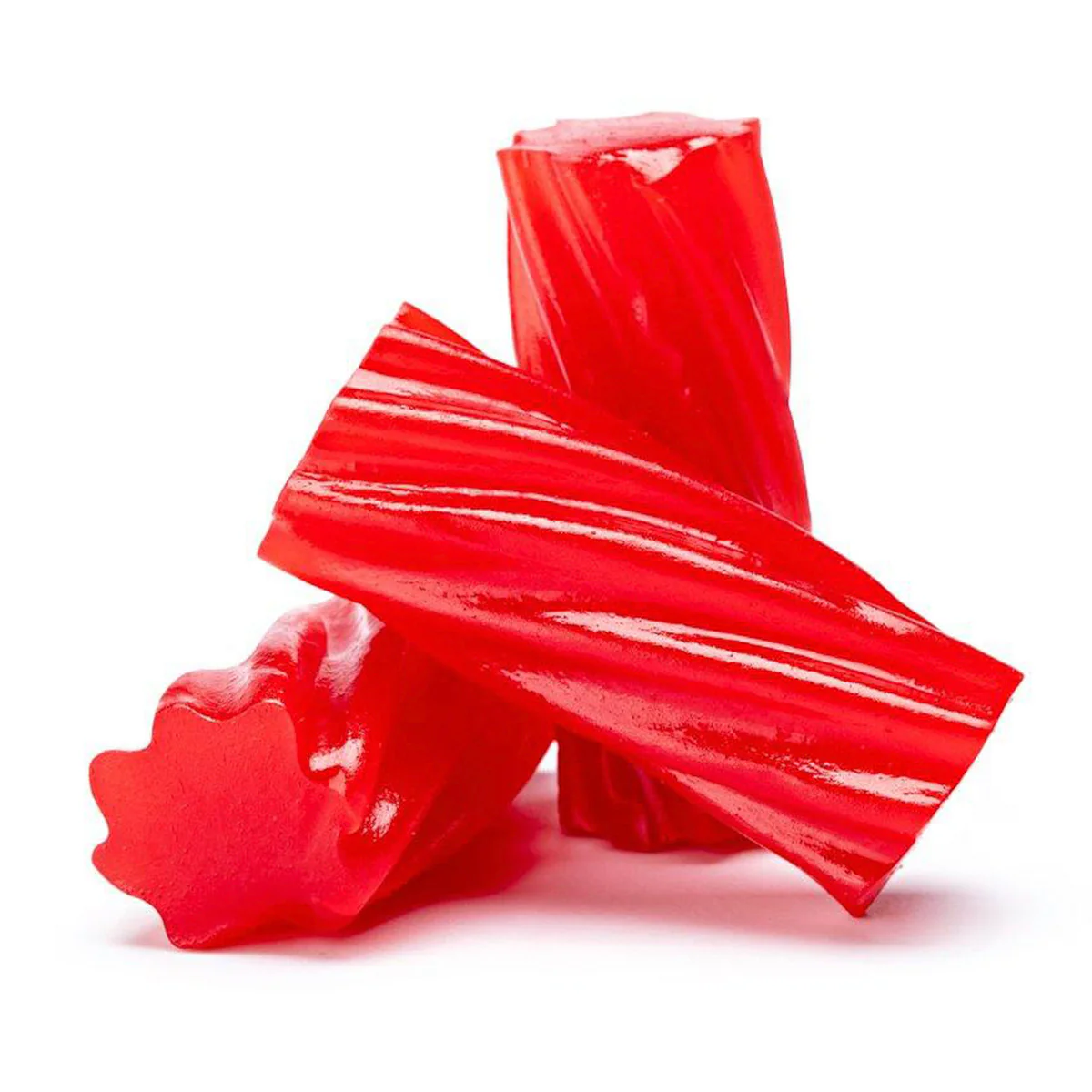 Three red twisted licorice sticks on a white background.