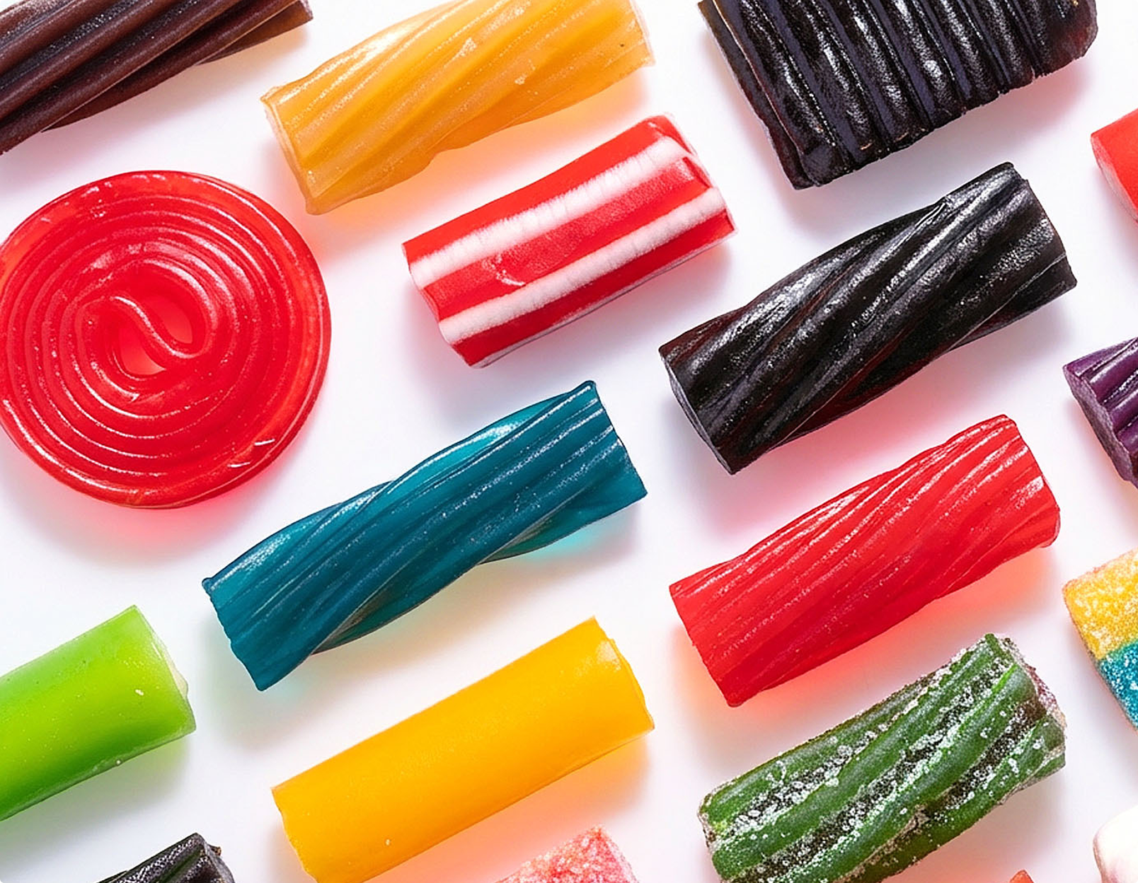 An assortment of colorful licorice candies of different shapes and sizes on a white background.