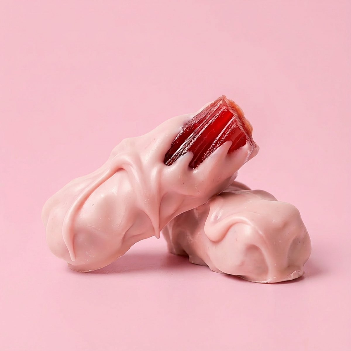 Two pink-coated jelly candies on a pink background, with one revealing its red translucent center.