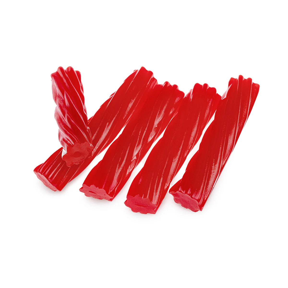 Five twisted red licorice sticks on a white background.