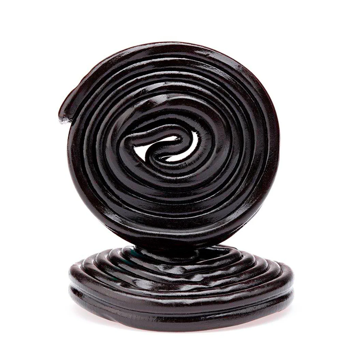 Two black spiral-shaped licorice pieces, one standing upright and the other lying flat.