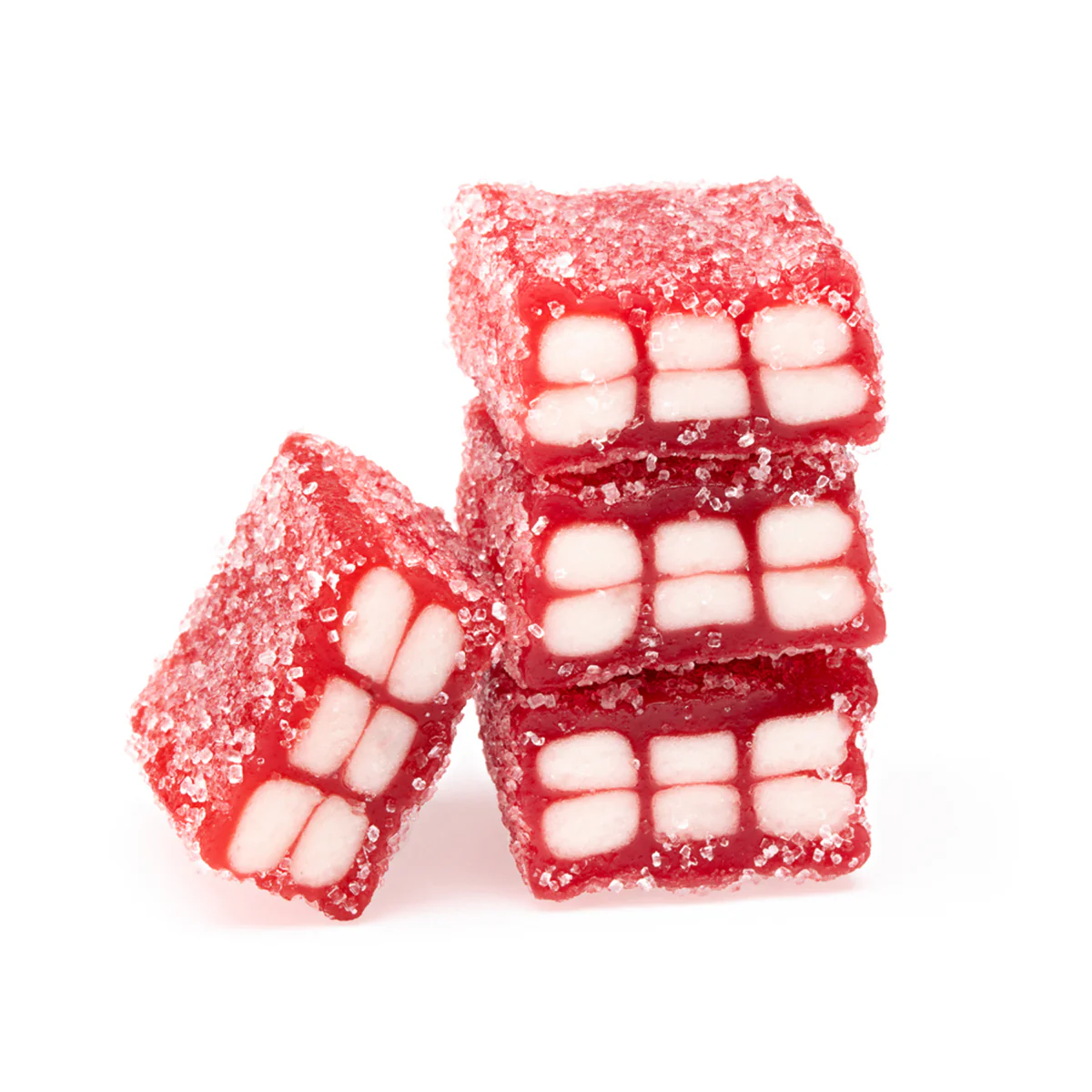 Red sugar-coated candies stacked against a white background.