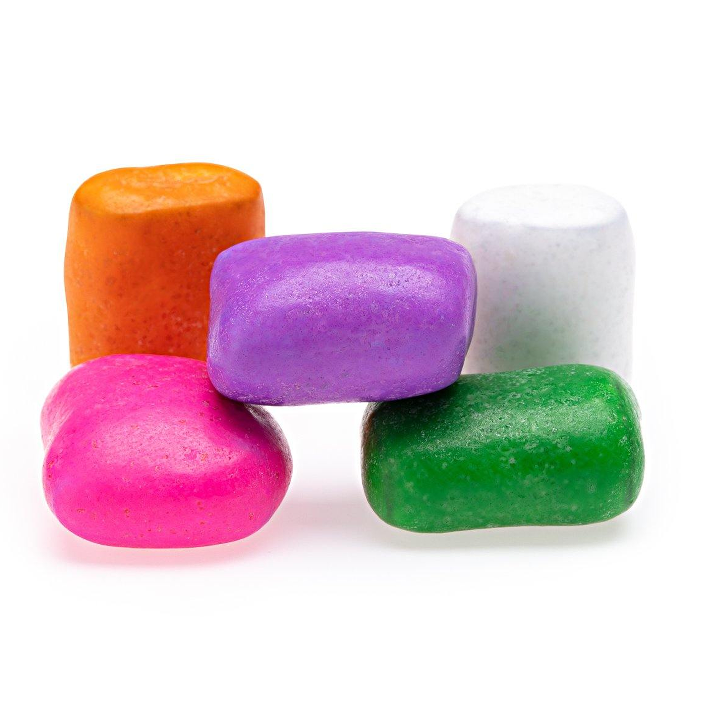 Five colorful gum pieces stacked together.