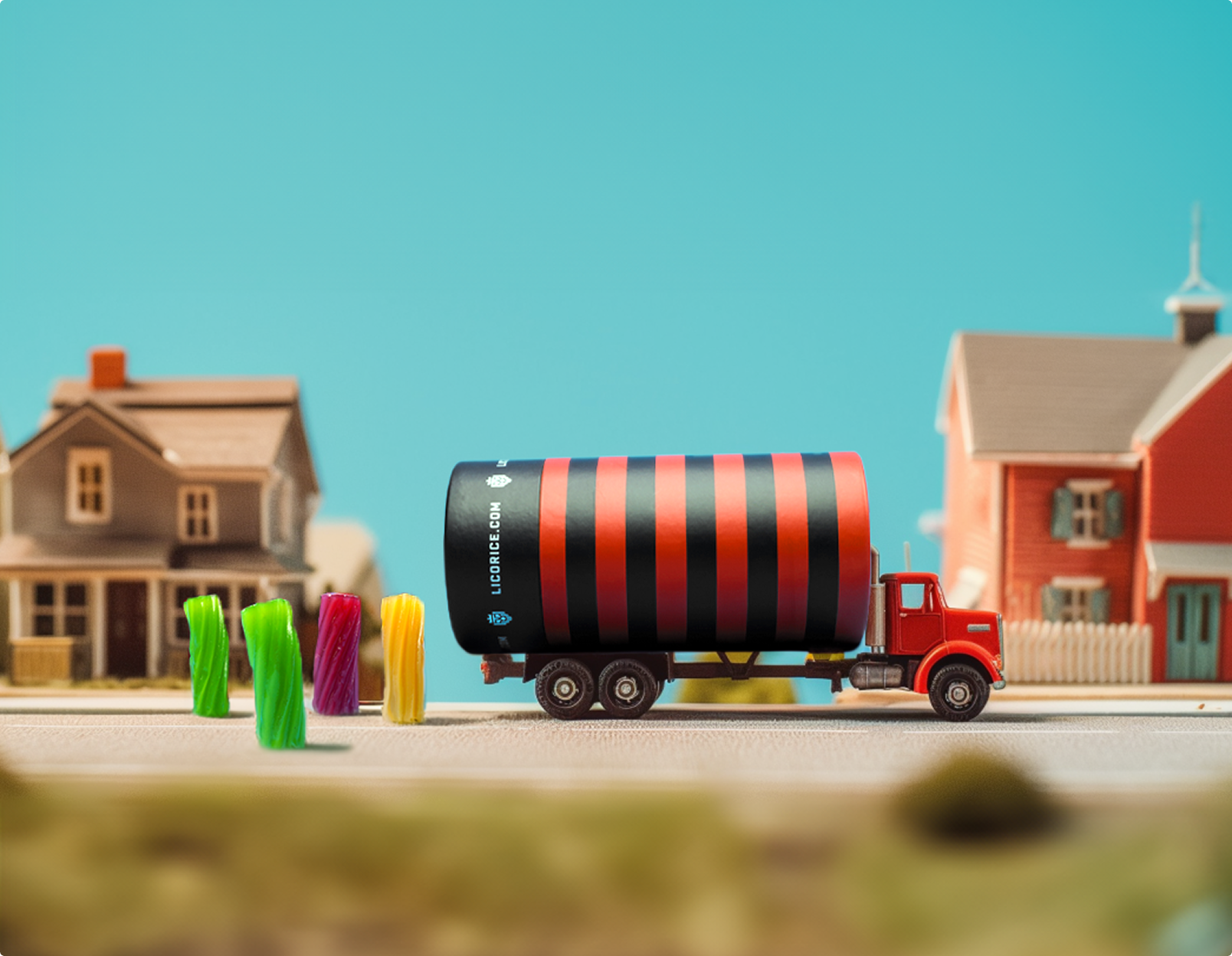 A miniature red truck carries a large, striped licorice container through a model town next to licorice candy.