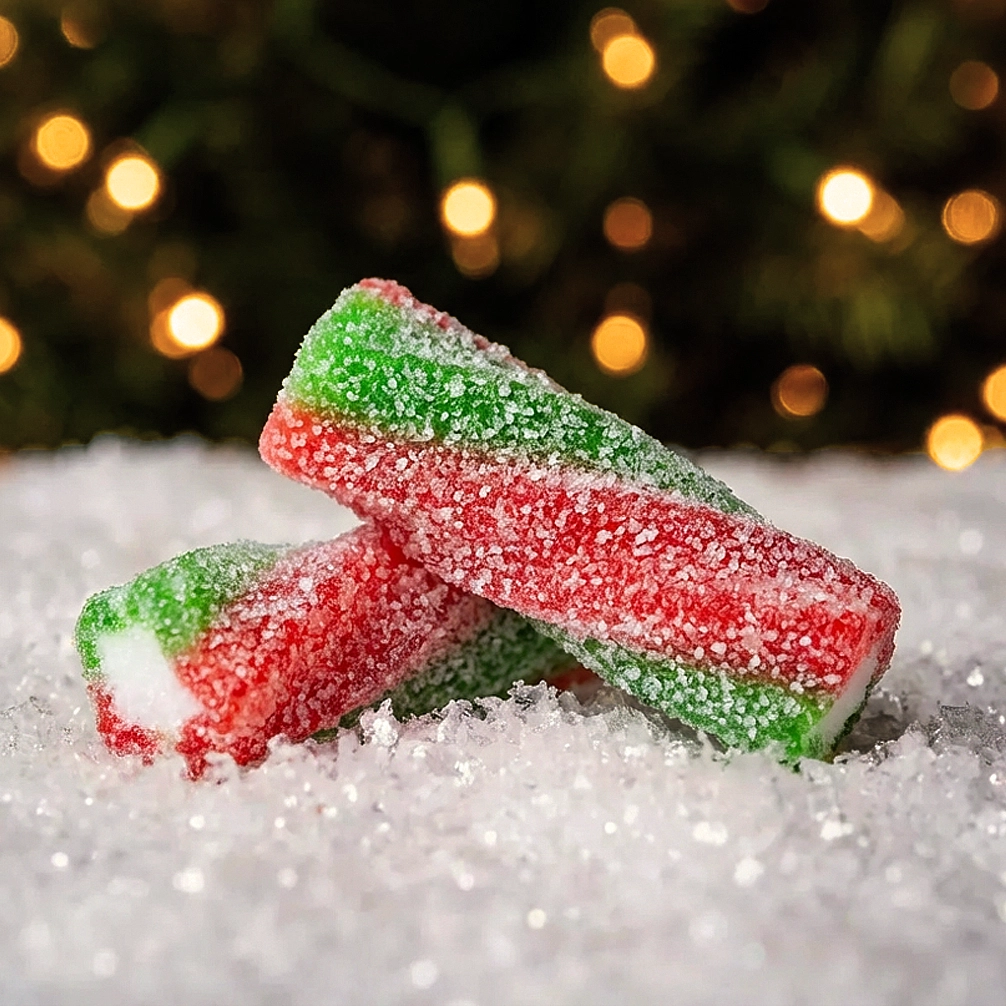 Colorful, sugar-coated candy sticks on snow with blurred lights in background.