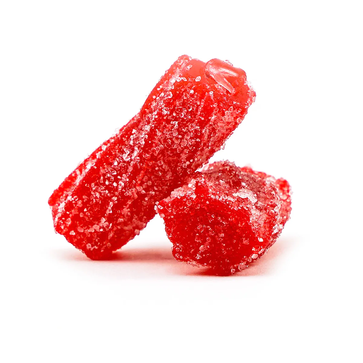 Two sugar-coated red candy pieces on a white background.