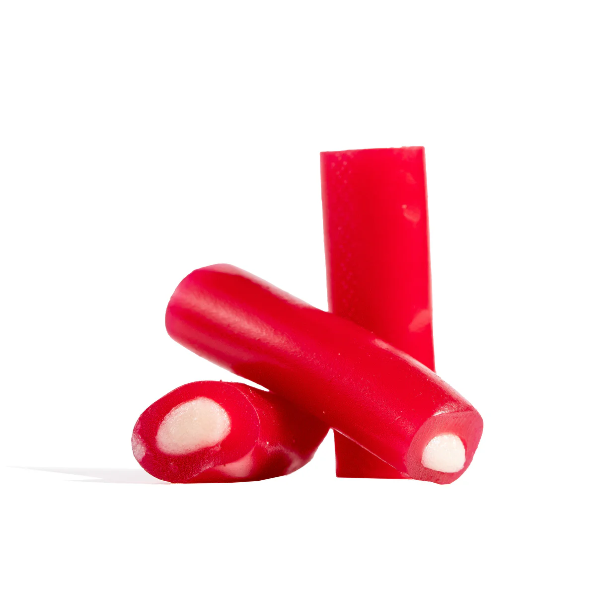 Red candy sticks with white filling on a white background.