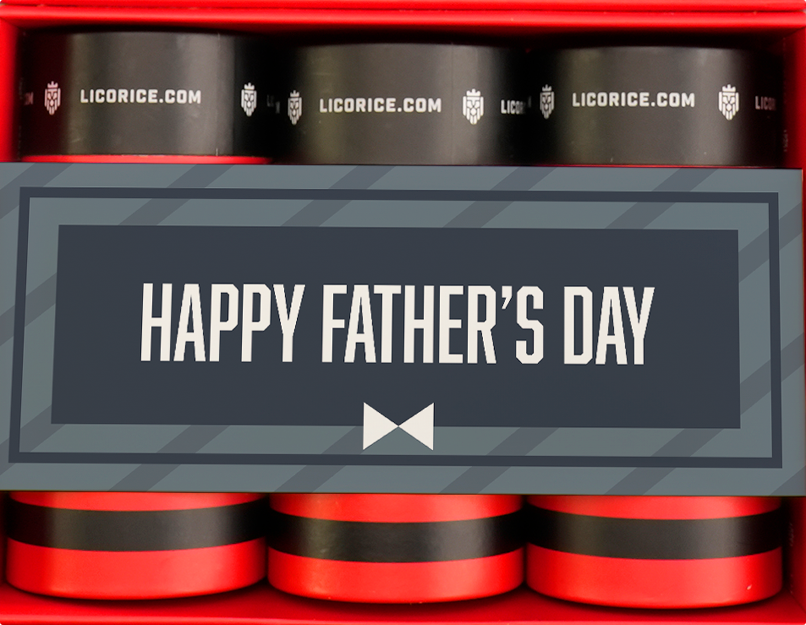 A red gift box from Licorice.com with a 'Happy Father's Day' label across the middle.