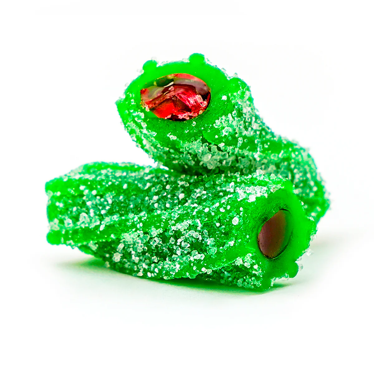 Two sugar-coated green gummy candies with red filling on a white background.