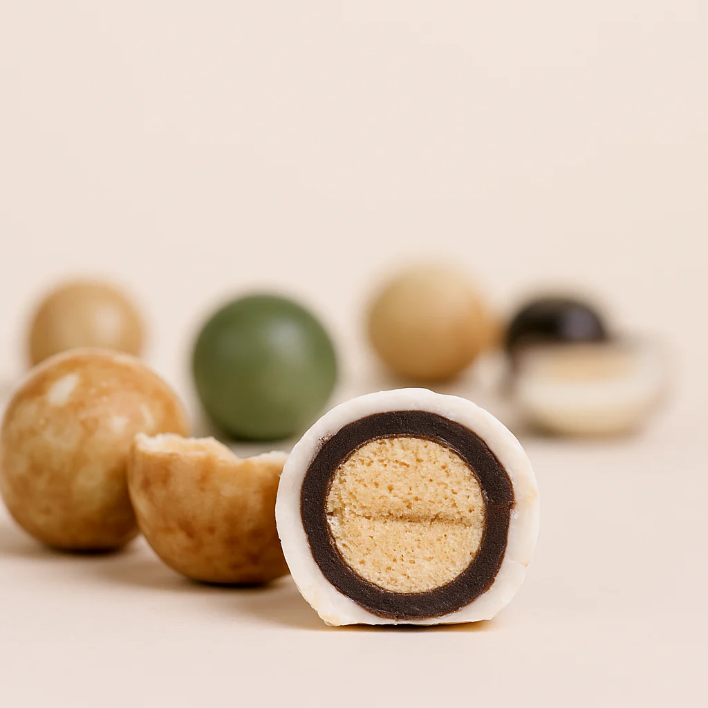 A variety of round, colorful confectionery balls, one is cut open showing layers inside.