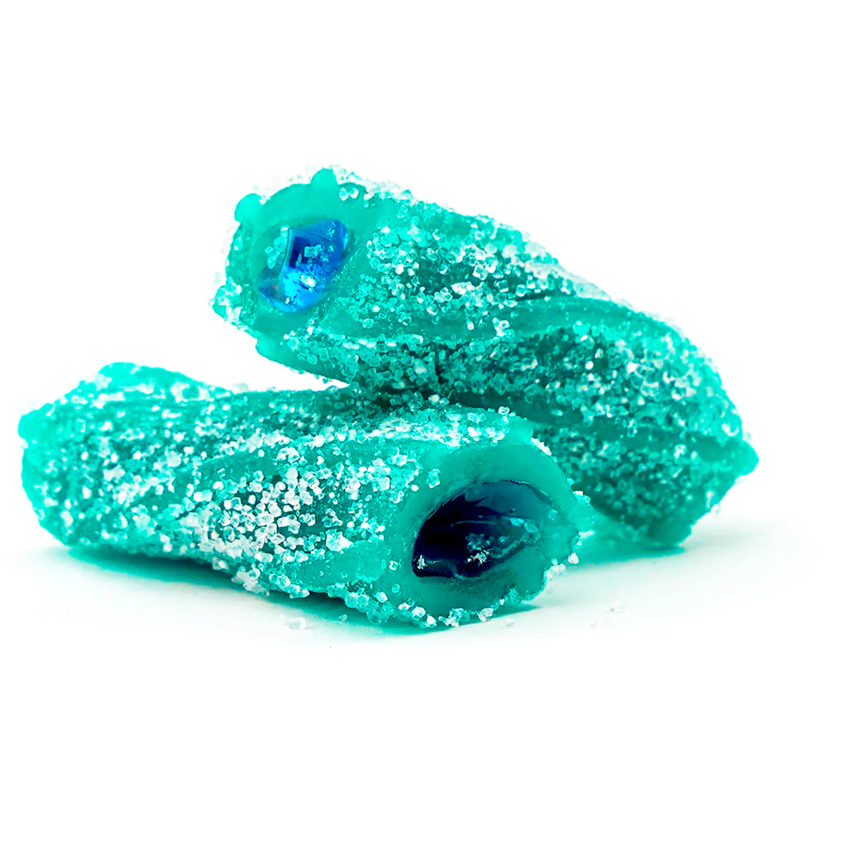 Two bright blue, sugar-covered candies with a shiny center.